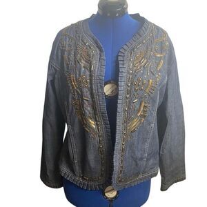 HANNAH Embellished Beaded Denim Jacket Ruffle Trim Size Medium Blue SEE DESCRIPT